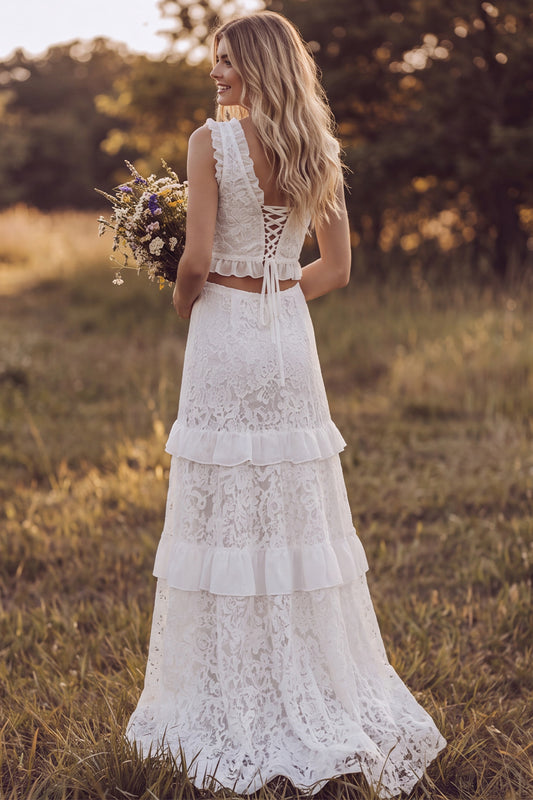 Ivory Floral Two Piece V-Neck Ruffled Sweep Train Lace Boho Wedding Dress with Slit