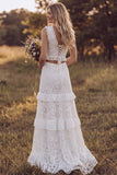 Ivory Floral Two Piece V-Neck Ruffled Sweep Train Lace Boho Wedding Dress with Slit