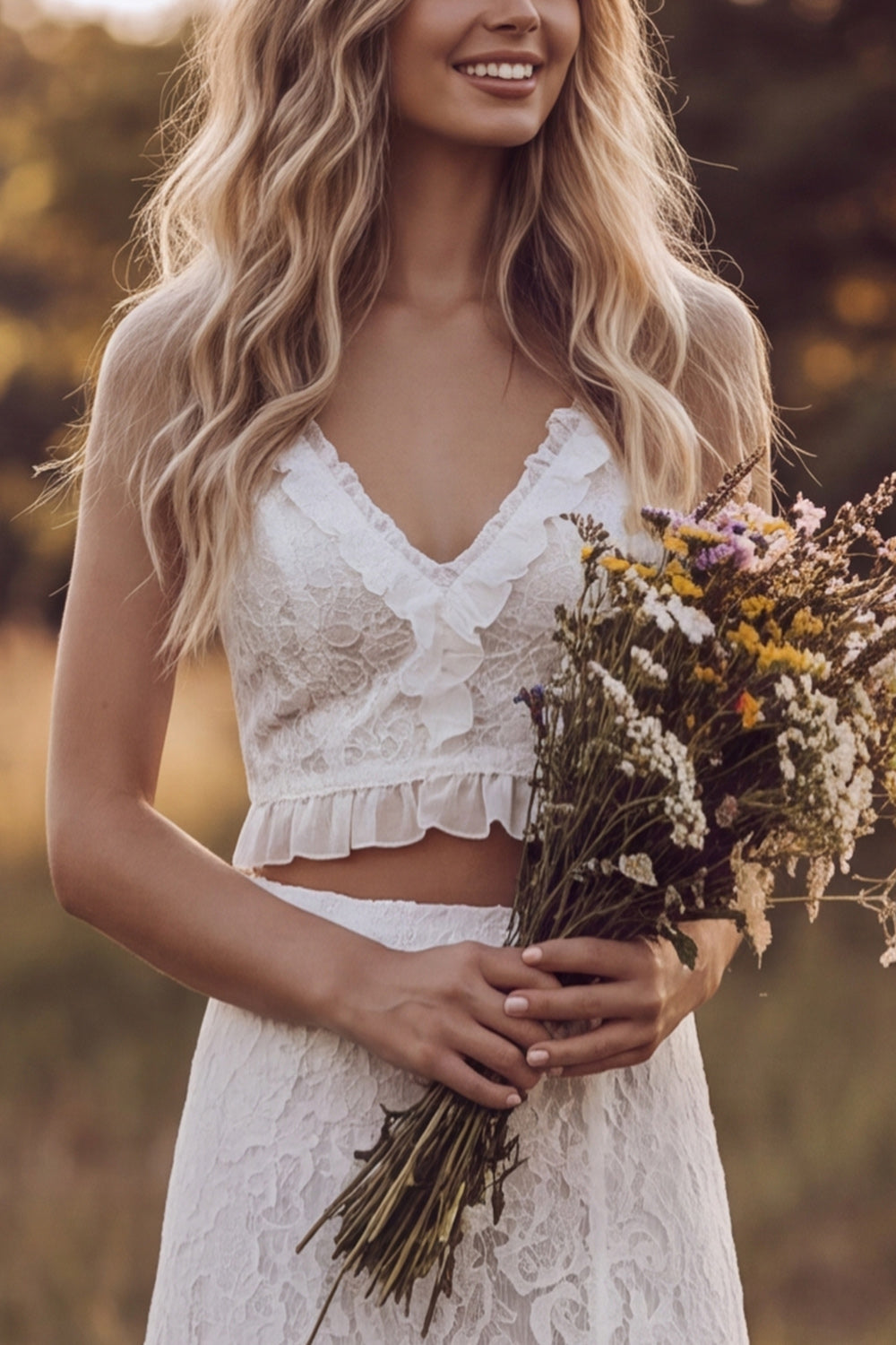 Ivory Floral Two Piece V-Neck Ruffled Sweep Train Lace Boho Wedding Dress with Slit