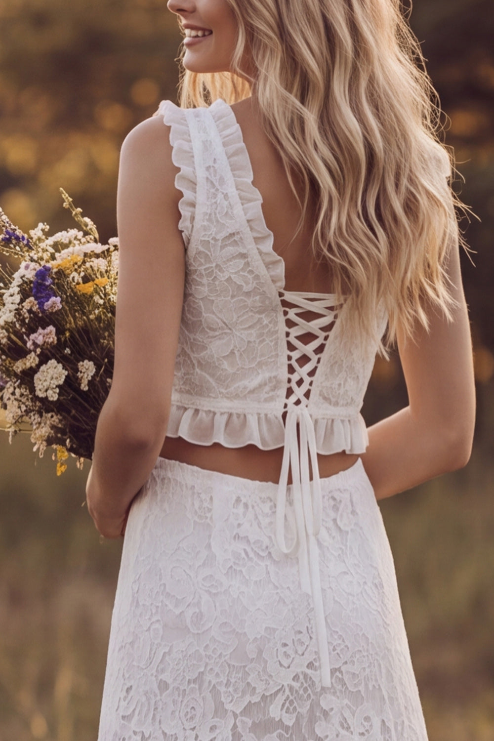 Ivory Floral Two Piece V-Neck Ruffled Sweep Train Lace Boho Wedding Dress with Slit