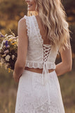 Ivory Floral Two Piece V-Neck Ruffled Sweep Train Lace Boho Wedding Dress with Slit