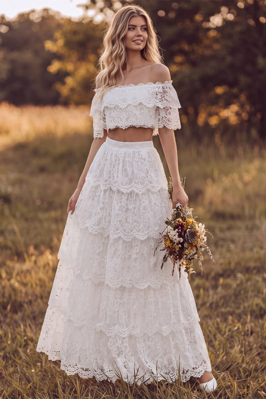 Ivory Floral Two Piece Off the Shoulder Tiered Lace Long Boho Wedding Dress