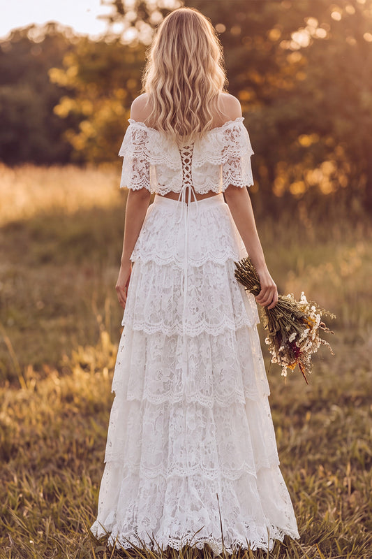 Ivory Floral Two Piece Off the Shoulder Tiered Lace Long Boho Wedding Dress