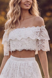 Ivory Floral Two Piece Off the Shoulder Tiered Lace Long Boho Wedding Dress