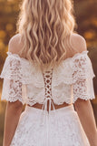 Ivory Floral Two Piece Off the Shoulder Tiered Lace Long Boho Wedding Dress