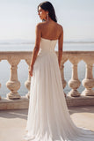 Ivory Chiffon Ruched Sweep Train Beach Wedding Dress with Slit