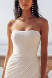 Ivory Chiffon Ruched Sweep Train Beach Wedding Dress with Slit
