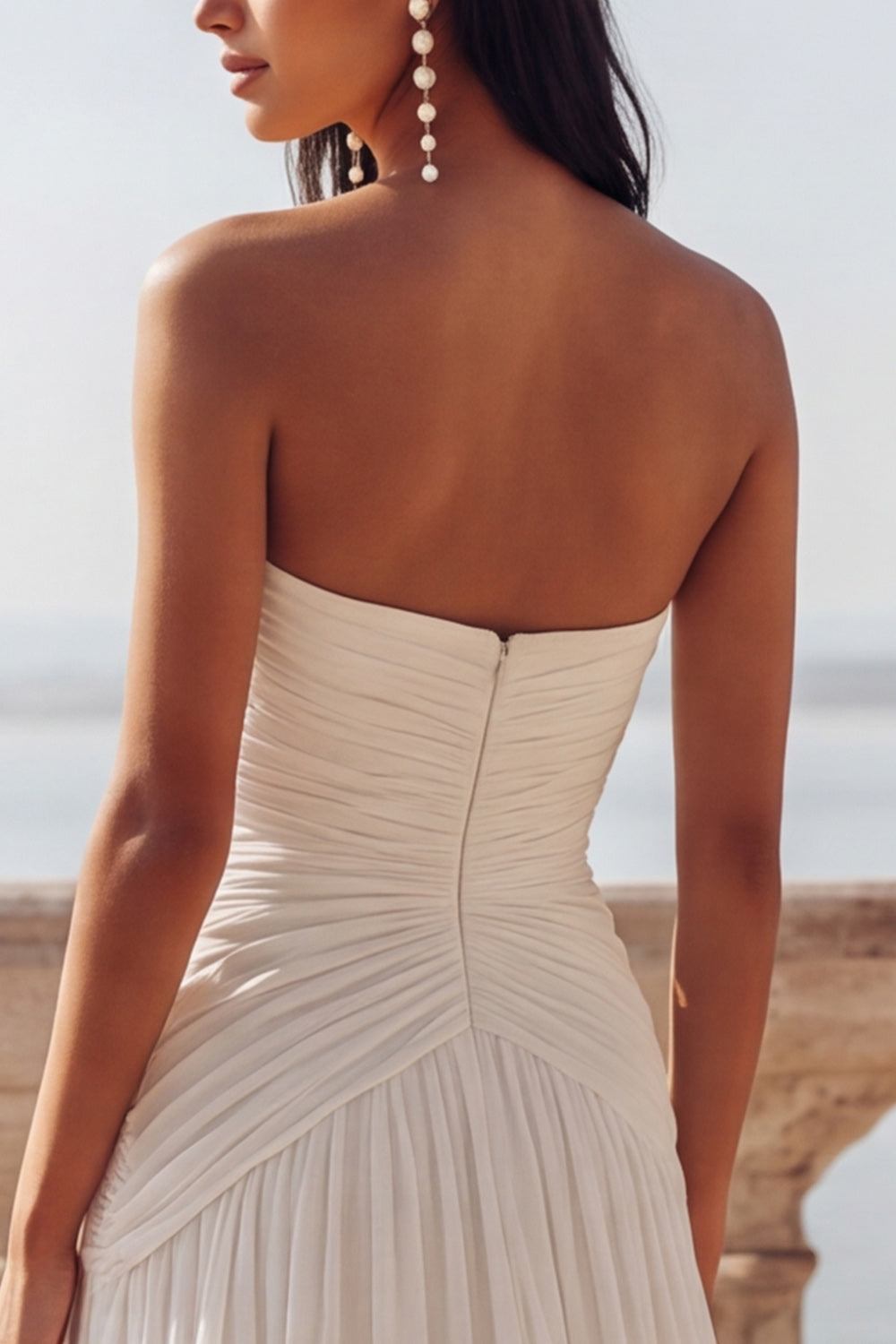Ivory Chiffon Ruched Sweep Train Beach Wedding Dress with Slit