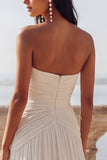 Ivory Chiffon Ruched Sweep Train Beach Wedding Dress with Slit