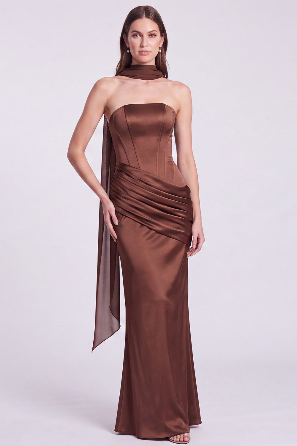 Fuchsia and Red Corset Satin Strapless Mermaid Draped Long Formal Dress