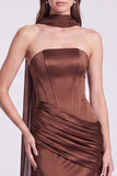 Fuchsia and Red Corset Satin Strapless Mermaid Draped Long Formal Dress