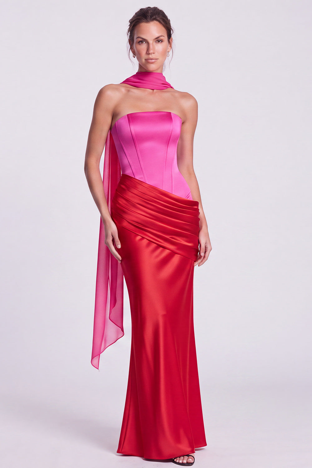 Fuchsia and Red Corset Satin Strapless Mermaid Draped Long Formal Dress