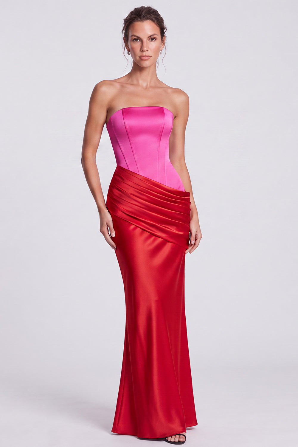 Fuchsia and Red Corset Satin Strapless Mermaid Draped Long Formal Dress