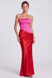 Fuchsia and Red Corset Satin Strapless Mermaid Draped Long Formal Dress