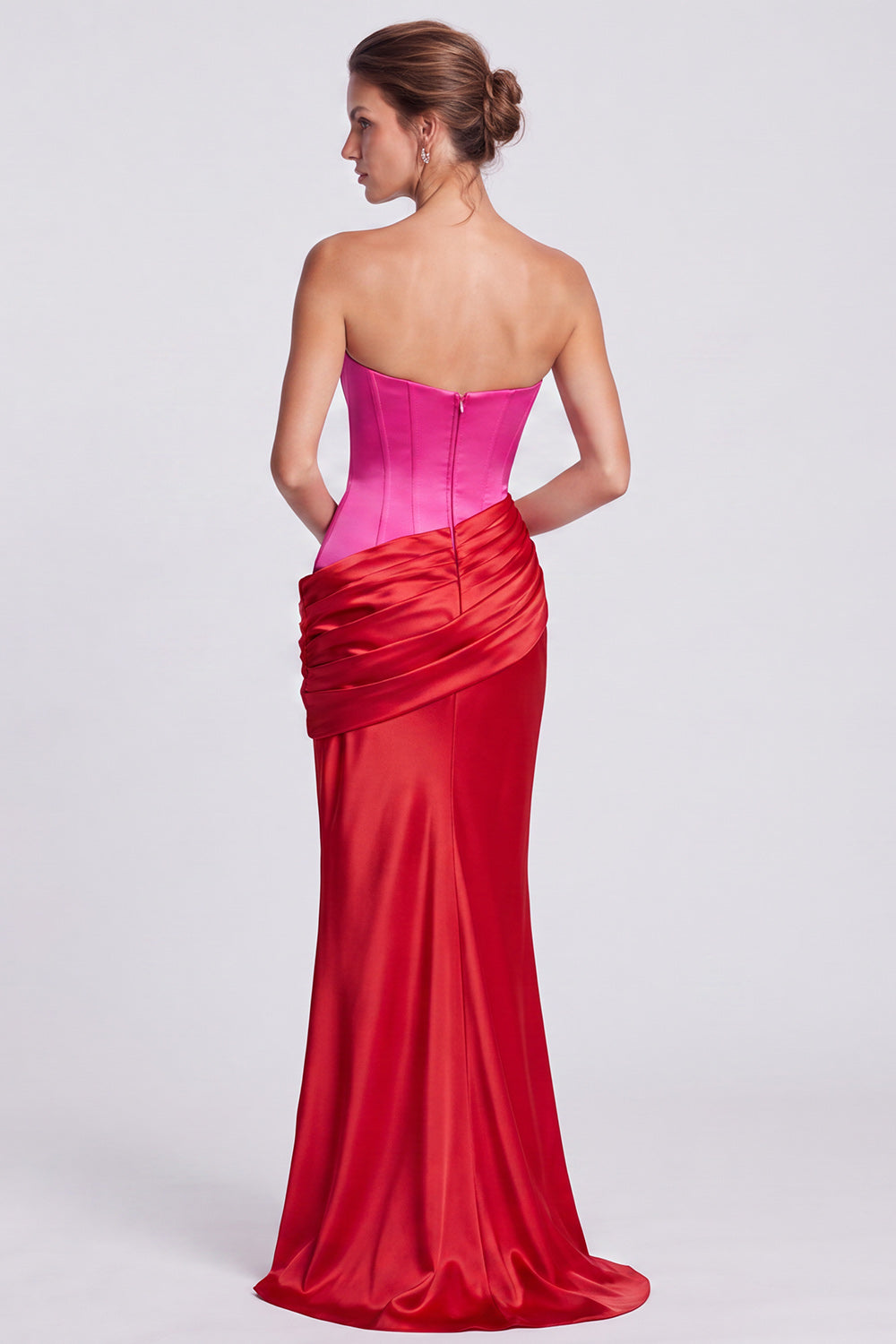 Fuchsia and Red Corset Satin Strapless Mermaid Draped Long Formal Dress
