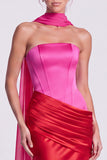 Fuchsia and Red Corset Satin Strapless Mermaid Draped Long Formal Dress