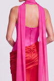 Fuchsia and Red Corset Satin Strapless Mermaid Draped Long Formal Dress
