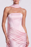 Fuchsia and Red Corset Satin Strapless Mermaid Draped Long Formal Dress