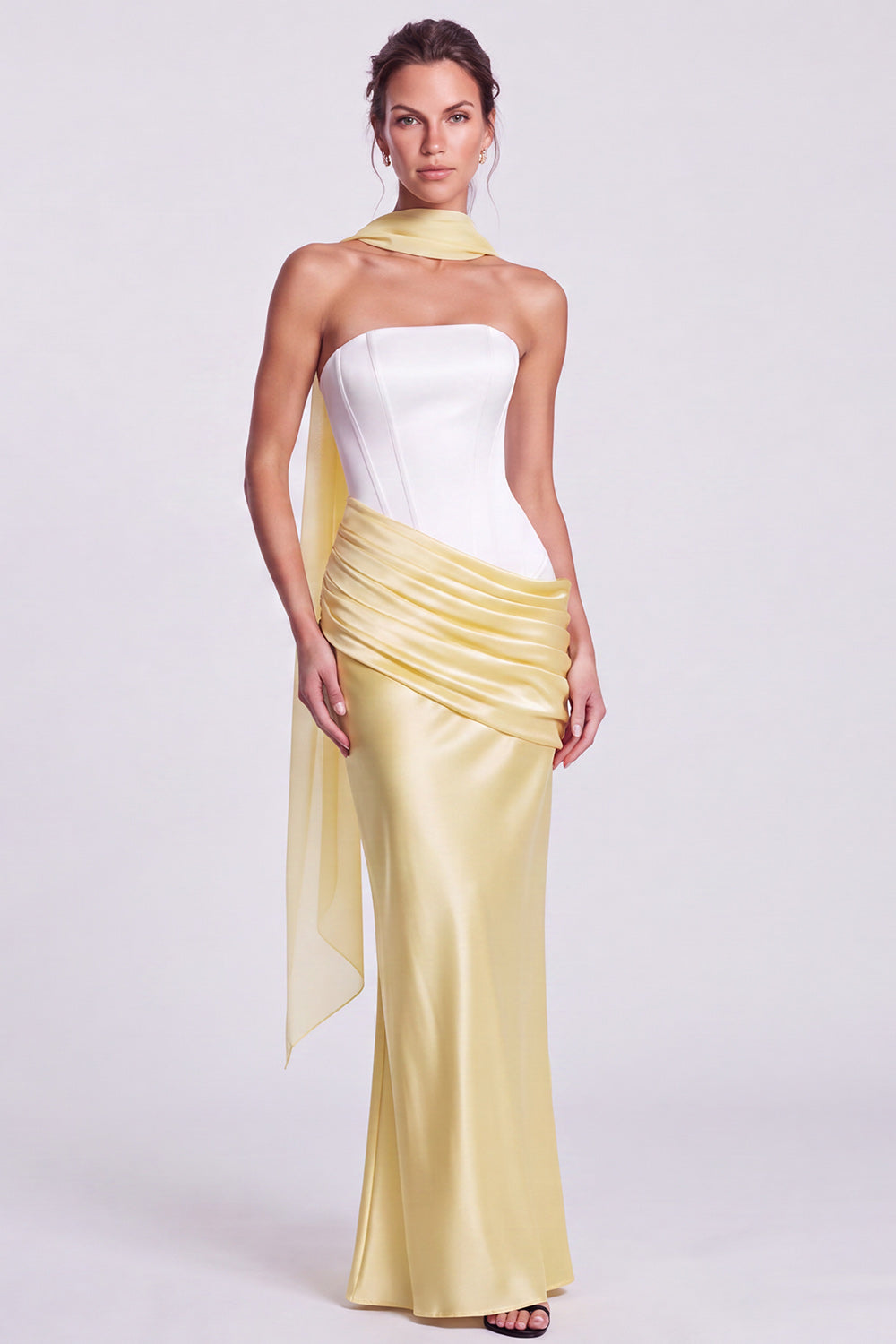 Fuchsia and Red Corset Satin Strapless Mermaid Draped Long Formal Dress