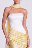 Fuchsia and Red Corset Satin Strapless Mermaid Draped Long Formal Dress