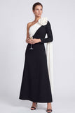 White and Black Floral A Line Ruched Long Formal Dress with Sash