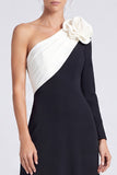 White and Black Floral A Line Ruched Long Formal Dress with Sash