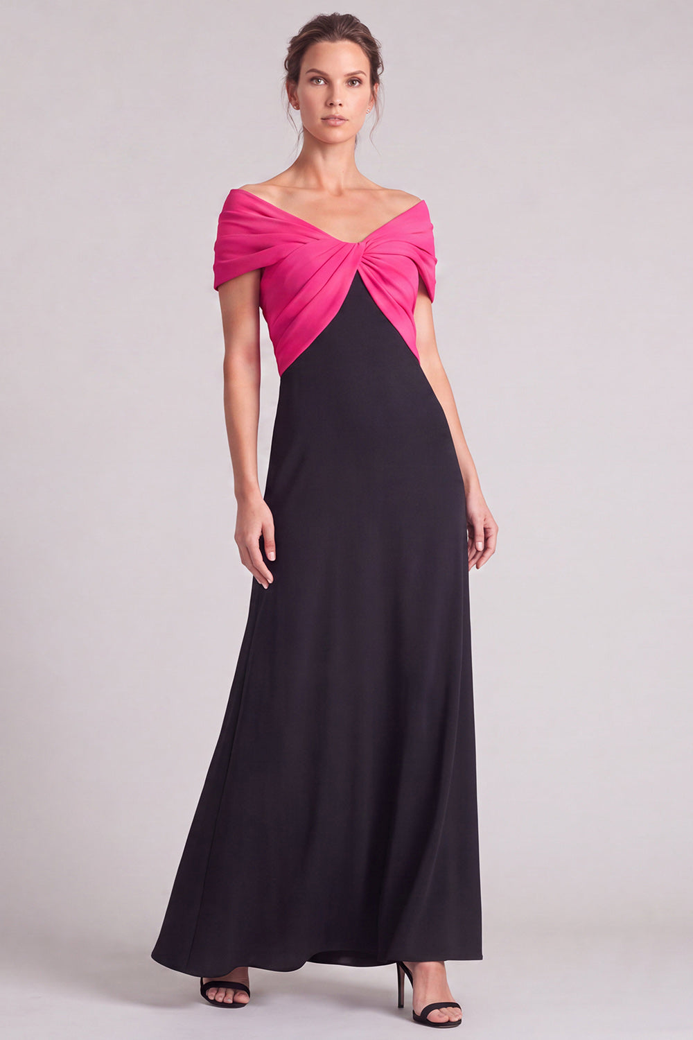 A Line Fuchsia and Black Off The Shoulder Ruched Long Formal Dress