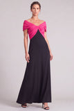 A Line Fuchsia and Black Off The Shoulder Ruched Long Formal Dress