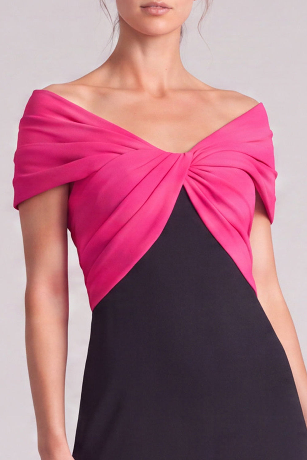 A Line Fuchsia and Black Off The Shoulder Ruched Long Formal Dress
