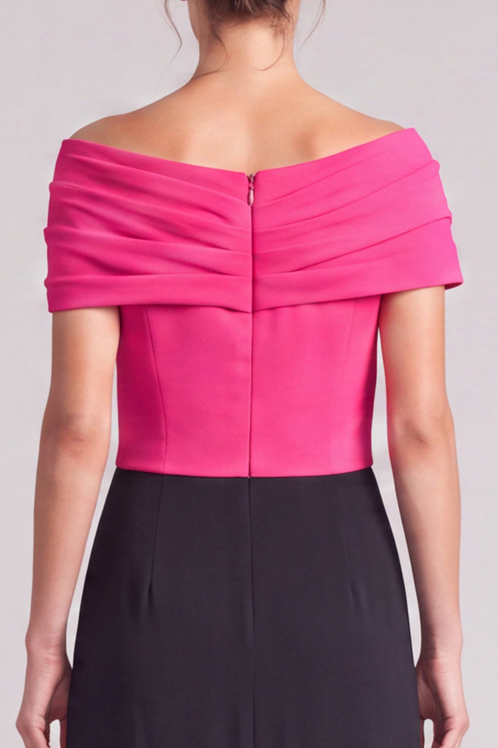 A Line Fuchsia and Black Off The Shoulder Ruched Long Formal Dress