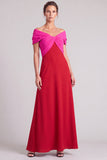 A Line Fuchsia and Black Off The Shoulder Ruched Long Formal Dress