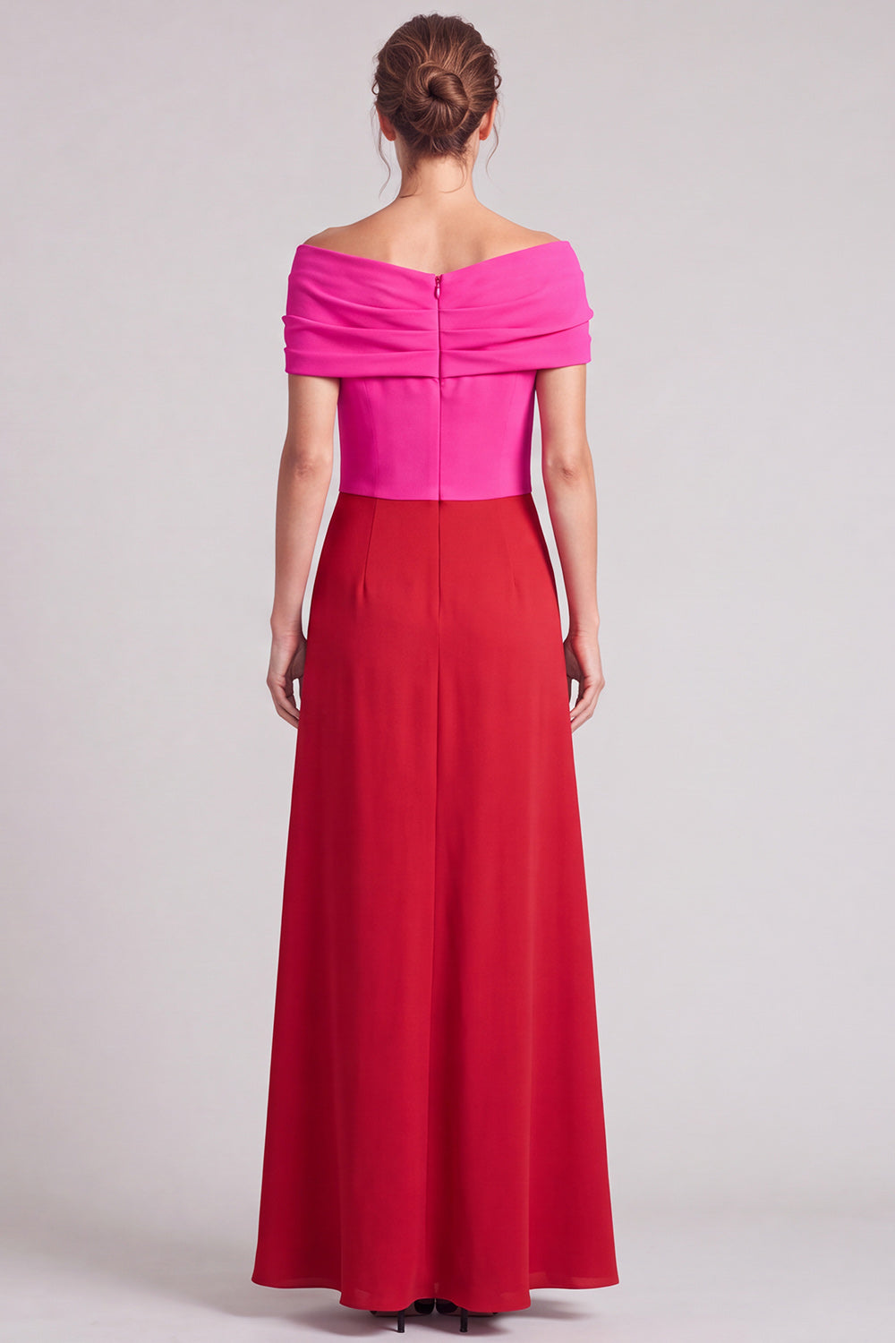 A Line Fuchsia and Black Off The Shoulder Ruched Long Formal Dress