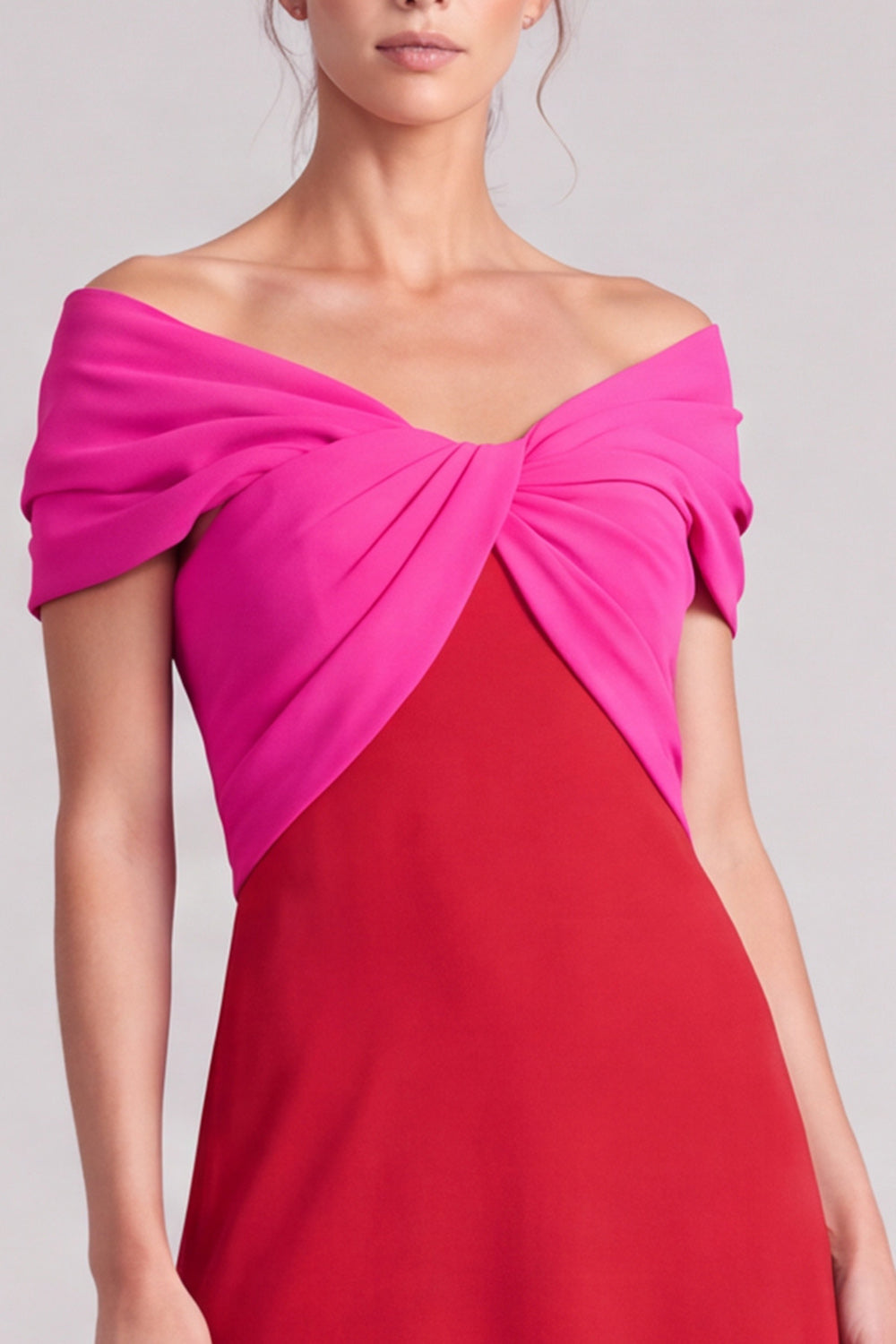 A Line Fuchsia and Black Off The Shoulder Ruched Long Formal Dress