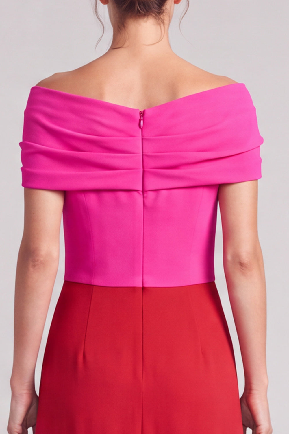 A Line Fuchsia and Black Off The Shoulder Ruched Long Formal Dress