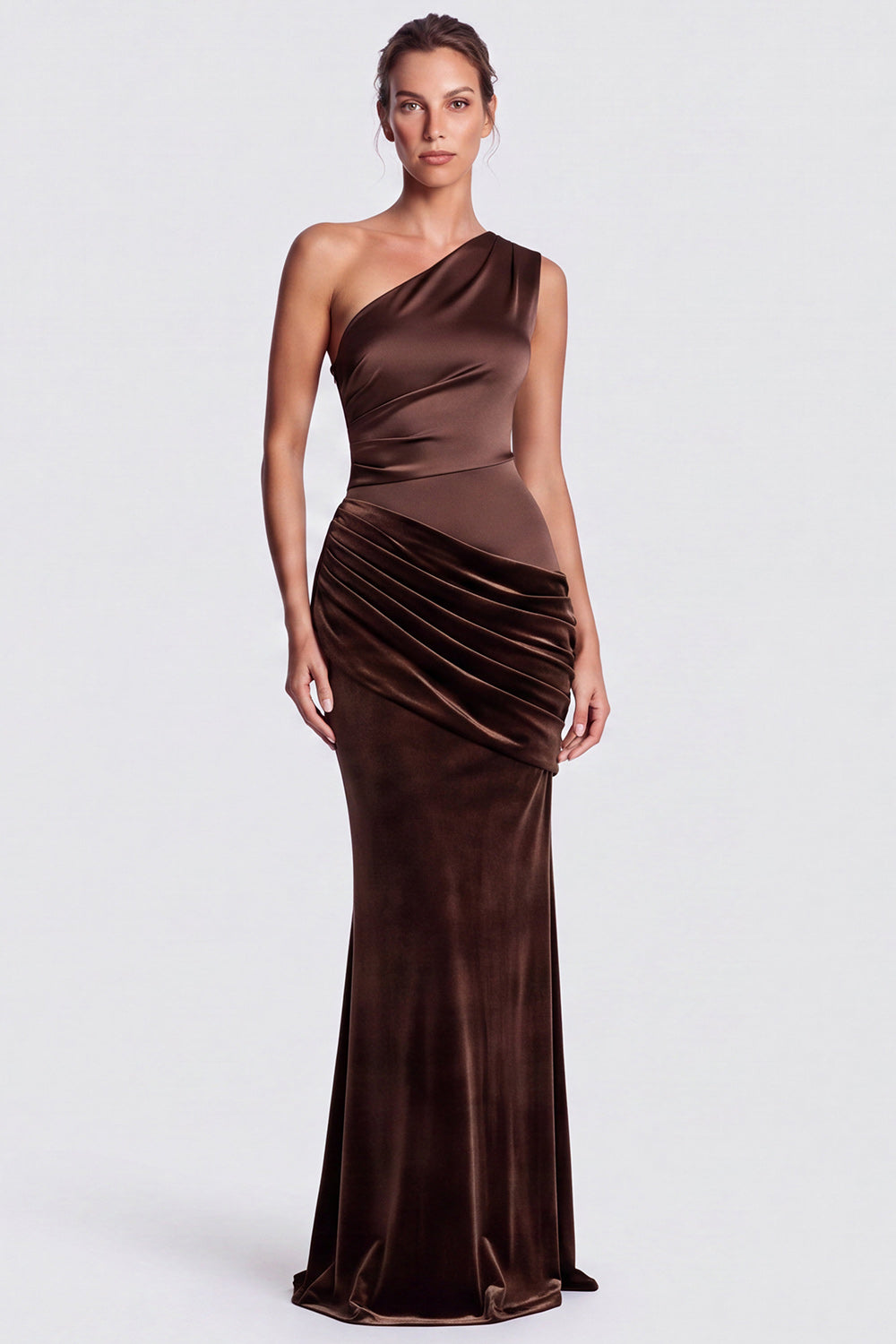 Olive One Shoulder Mermaid Draped Velvet Long Formal Dress