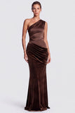 Olive One Shoulder Mermaid Draped Velvet Long Formal Dress