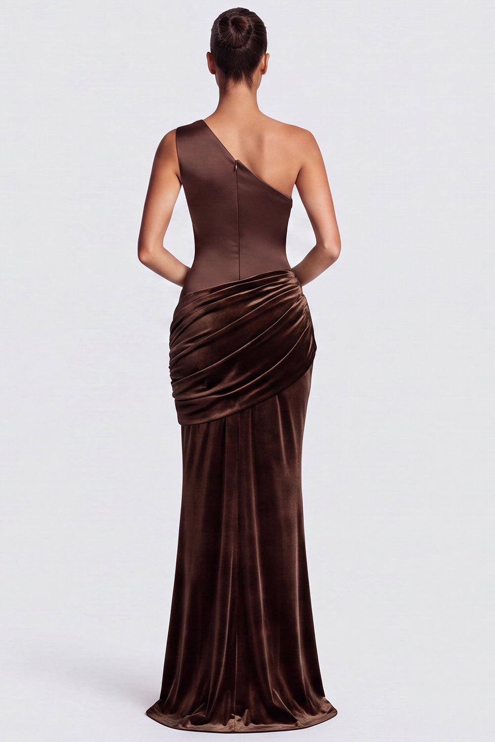Olive One Shoulder Mermaid Draped Velvet Long Formal Dress