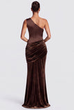 Olive One Shoulder Mermaid Draped Velvet Long Formal Dress