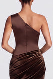 Olive One Shoulder Mermaid Draped Velvet Long Formal Dress