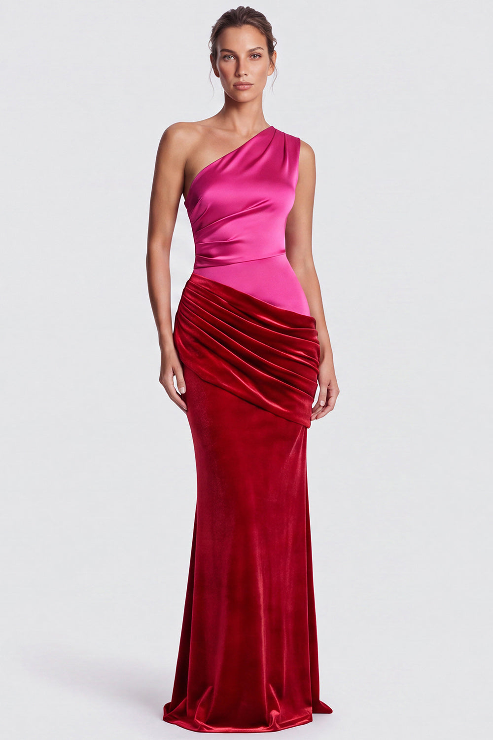 Olive One Shoulder Mermaid Draped Velvet Long Formal Dress