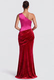 Olive One Shoulder Mermaid Draped Velvet Long Formal Dress