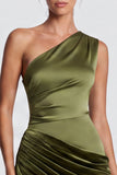 Olive One Shoulder Mermaid Draped Velvet Long Formal Dress