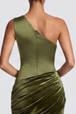 Olive One Shoulder Mermaid Draped Velvet Long Formal Dress