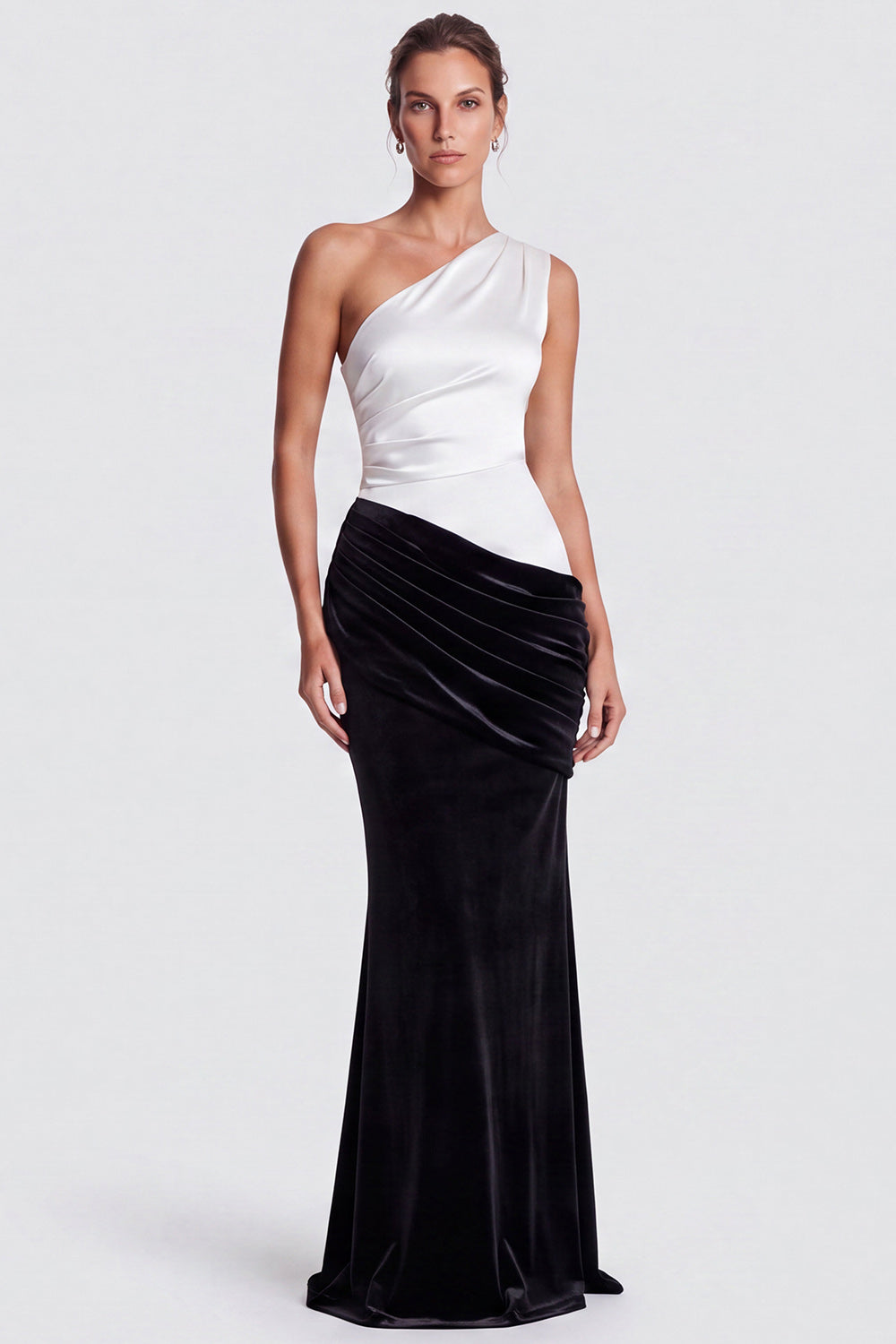 Olive One Shoulder Mermaid Draped Velvet Long Formal Dress