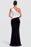 Olive One Shoulder Mermaid Draped Velvet Long Formal Dress
