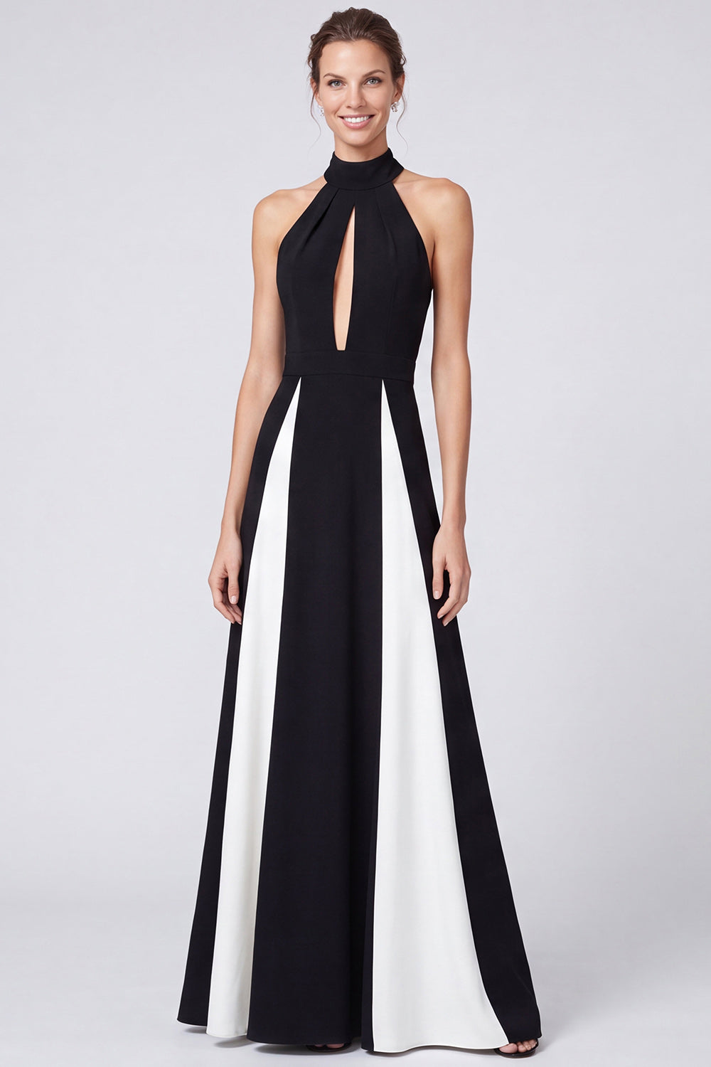 Black and White Patchwork Halter A Line Keyhole Long Formal Dress