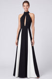 Black and White Patchwork Halter A Line Keyhole Long Formal Dress