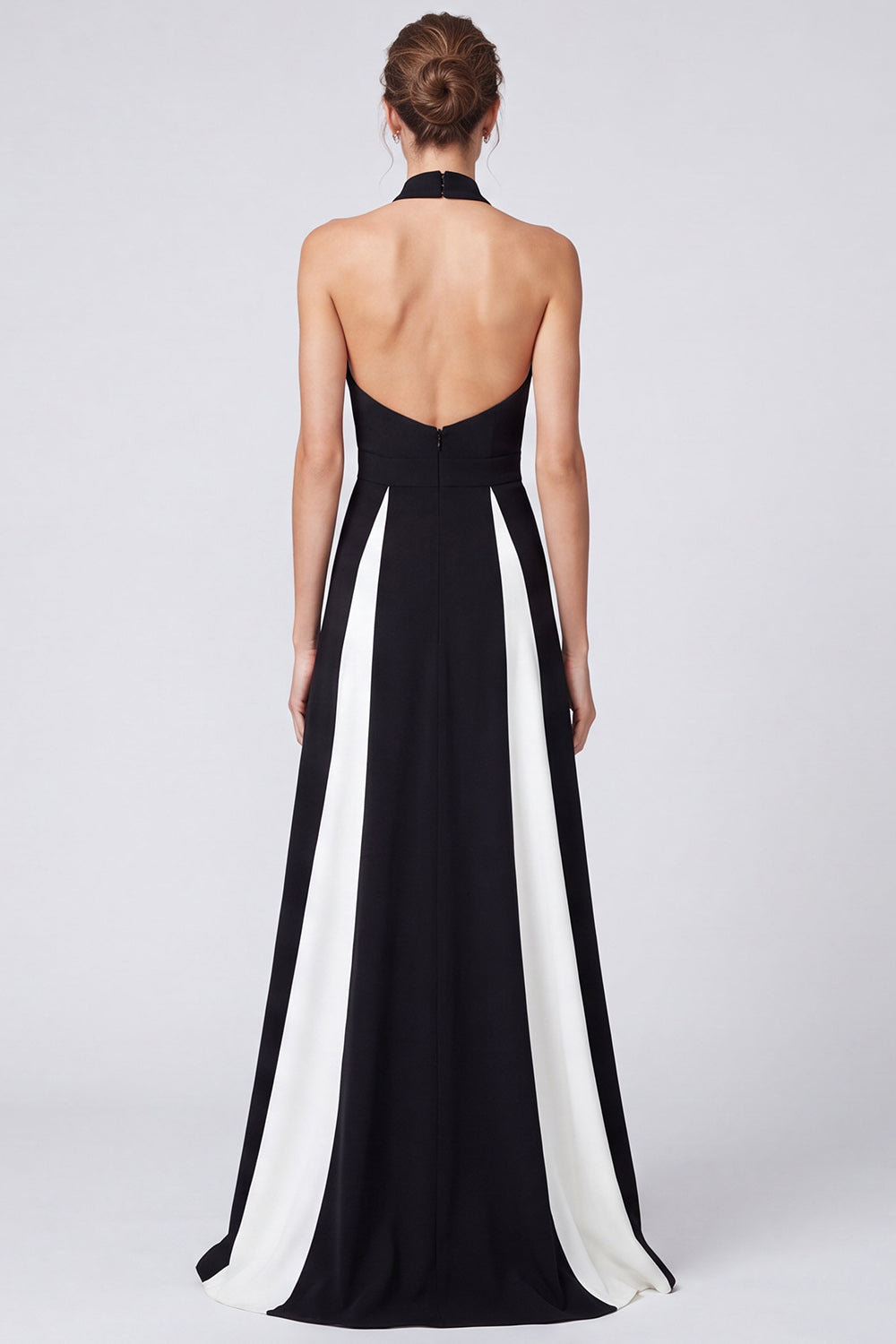 Black and White Patchwork Halter A Line Keyhole Long Formal Dress