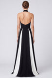 Black and White Patchwork Halter A Line Keyhole Long Formal Dress