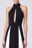 Black and White Patchwork Halter A Line Keyhole Long Formal Dress